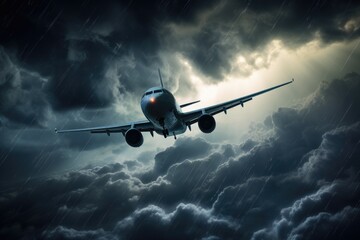 Fototapeta premium An airplane is soaring through the sky surrounded by thick, billowy clouds, The plane flies during a storm, AI Generated