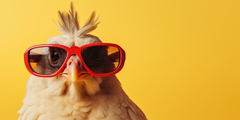 Chicken wearing sunglasses isolated on solid color background, copy space for text. - obrazy, fototapety, plakaty