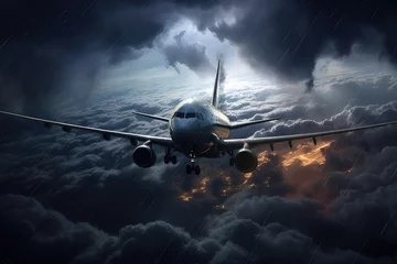 Fotobehang An image capturing an airplane flying through a cloudy sky, showcasing the beauty of air travel, The plane flies during a storm, AI Generated © Ifti Digital