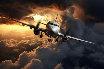 An aerial view of a plane effortlessly gliding through a cloudy sky, showcasing the aircraft soaring above the overcast weather, The plane flies during a storm, AI Generated