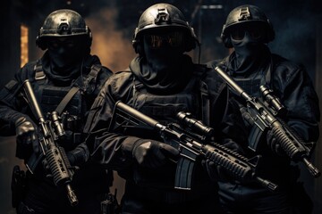 A group of soldiers holding guns, ready for action, Three soldiers in full combat gear, wearing masked faces and carrying guns, AI Generated - obrazy, fototapety, plakaty