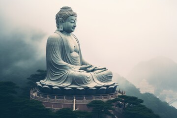 A stunning view of a large Buddha statue peacefully sitting at the summit of a hill, Tian Tan Buddha in Hong Kong, AI Generated