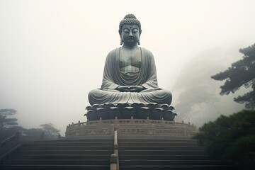 An impressive Buddha statue sitting gracefully on a grand set of stairs, Tian Tan Buddha in Hong Kong, AI Generated