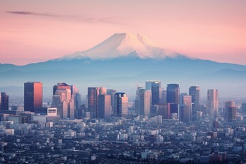 This image captures the breathtaking sight of a city skyline with a magnificent mountain towering in the distance, Tokyo Shinjuku building and Mt, Fuji in the background, AI Generated