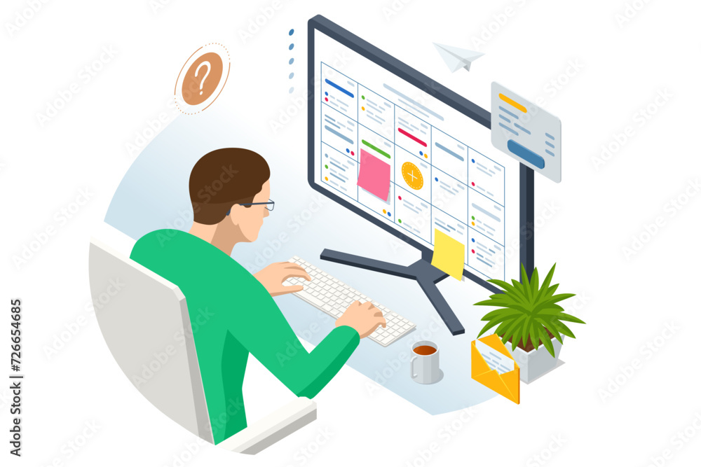 Poster isometric project manager uses a laptop to update tasks and milestones, planning progress through a 
