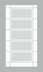 Obraz premium Paper postmarks set. Collector post stamp template. Empty sale coupons set with perforated borders. Postal stickers for mail letter. Postage stamps set. Vector illustration.