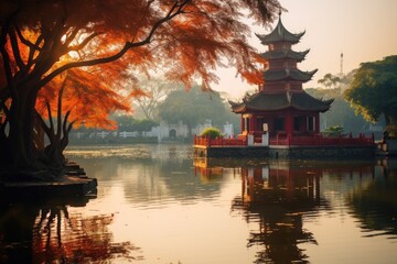A vibrant red pagoda is perched on top of a peaceful lake, encircled by lush trees, Tran Quoc pagoda in Ha Noi, the capital of Vietnam, AI Generated