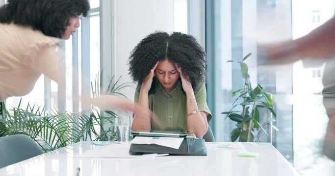 Business woman, headache and stress for overworked, anxiety or mental health in pressure or burnout. Frustrated female person or manager in time lapse with colleagues, documents and workload on table