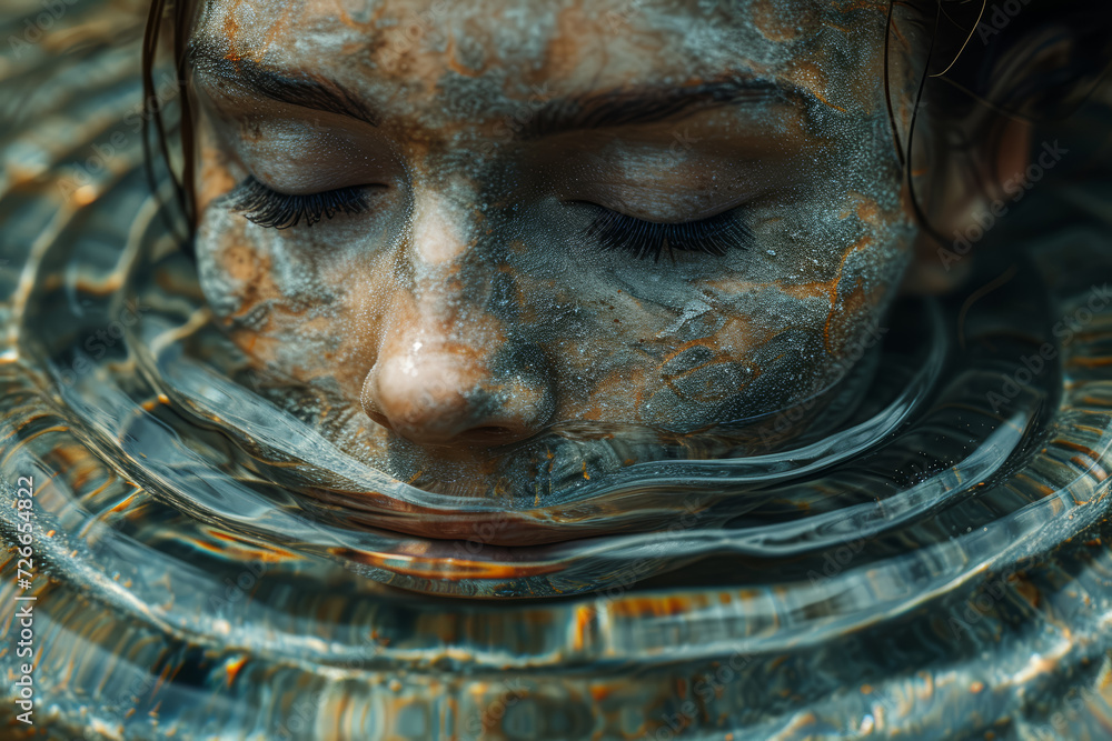 Poster a conceptual photo of a serene face with ripples extending outward, representing the impact of thoug