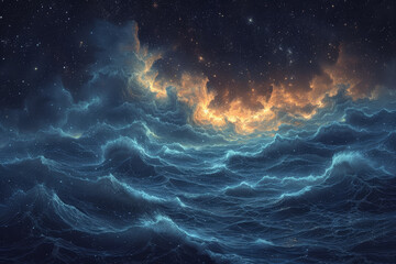 An artistic interpretation of a dream state, with soft, flowing waves blending into a starry sky. Concept of dreams and subconscious exploration. Generative Ai. - obrazy, fototapety, plakaty