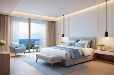 Classic luxury room interior in blue shades. Bed, large window, white walls, blue bed, beige curtains