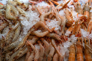 fresh prawns, prawns and crayfish on ice