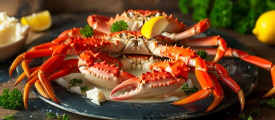 Delicious snow crab leg clusters served with lemon, parsley, and melted butter on a plate. - obrazy, fototapety, plakaty