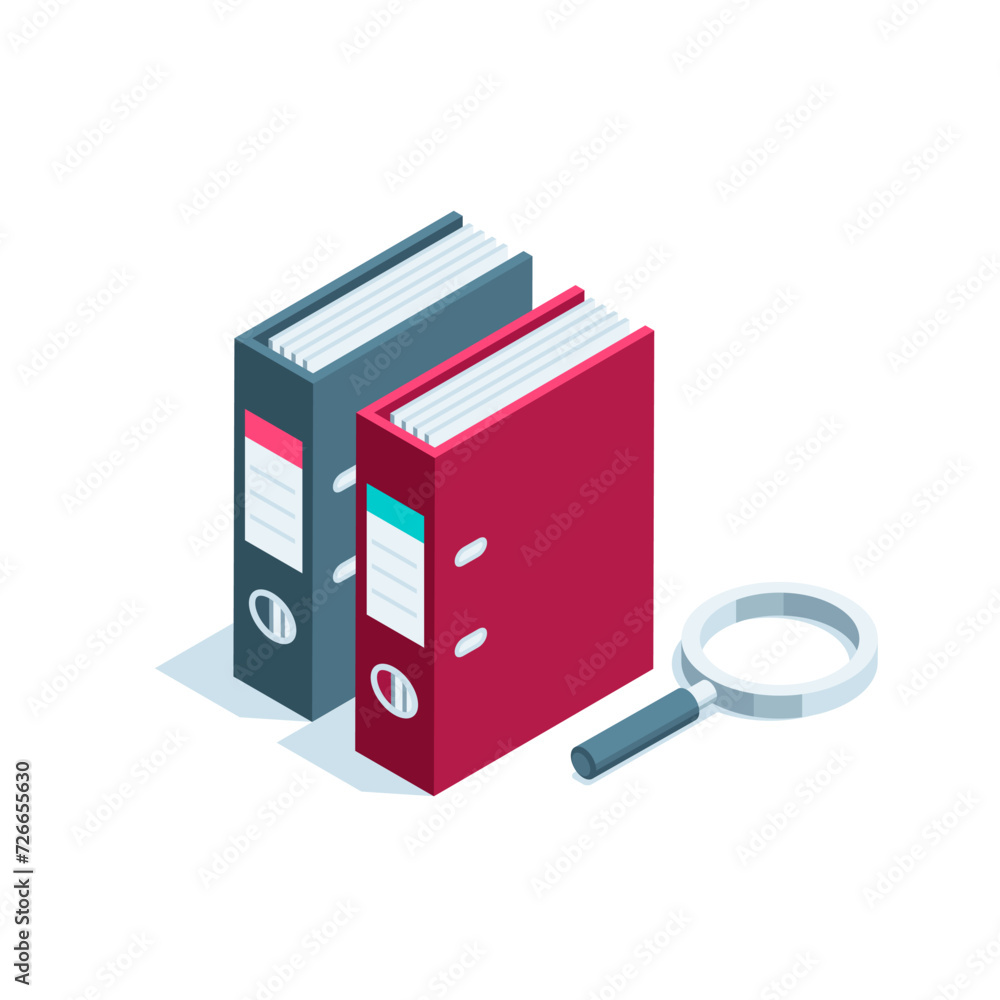 Poster isometric folders with documentation and magnifying glass, in color on a white background, work with