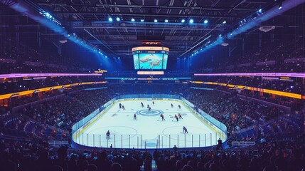 Large modern ice hockey arena. Big game stadium. Professional sport rink. World championship match. Skating tournament. Many fans cheer players. People watch hockey game competition. Neon light. - obrazy, fototapety, plakaty