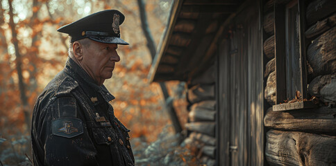 Obraz premium Morning Vigilance: Officer Patrolling Woodland Cabin