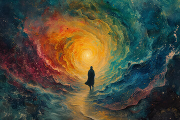 A depiction of a psychic journey, with a figure traversing waves of colors and patterns. Concept of psychic exploration and inner journey. Generative Ai.