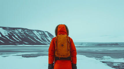 Bold Explorer Braving the Arctic Chill in Orange Parka