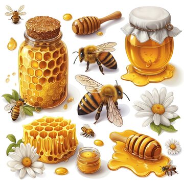 Elementos relacionados abejas, miel, apicultura, plantilla con dibujos ilustrados recurso gráfico, para crear contenido visual, didáctico, educativo, comercial, productivo, colores vivos, fondo blanco