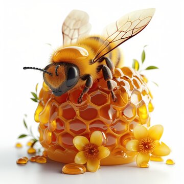 Ilustración de abeja posada sobre un panal de cera, cubierto de miel, celdas hexagonales, flores amarillas, colores dorados, fondo blanco, recurso gráfico educativo, lúdico, recreativo, informativo