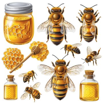 Plantilla con diferentes elementos relacionados con la apicultura, usado en grupo o individualmente, abeja, miel, panal, cera, frascos, recurso gr&aacute;fico publicidad, blog, comunicar ilustrativamente