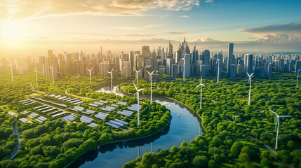 Innovative city with solar panels advanced, wind turbines and trees around the city, harnessing renewable energy sources and clean energy to power the metropolis sustainably. - obrazy, fototapety, plakaty