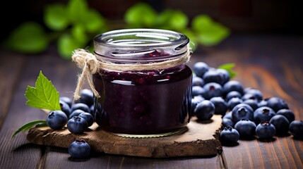 A glass jar displays juicy blueberry jam in vibrant hues and appealing texture. Blueberry jam in a gastronomic delight on rustic wood. Visually appetizing blueberry jam.