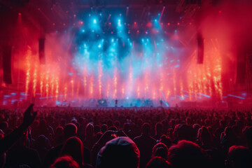 A vertical photo of a concert, capturing both the stage and the audience in one frame. Concept of...