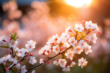 Fototapeta premium Spring background with blossoming cherry branch, sakura and bokeh. Generated by artificial intelligence