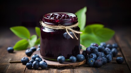 A glass jar displays juicy blueberry jam in vibrant hues and appealing texture. Blueberry jam in a gastronomic delight on rustic wood. Visually appetizing blueberry jam.