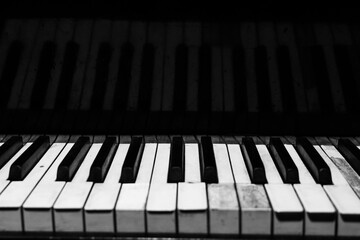 The keyboard of a classic old grand piano in close-up
