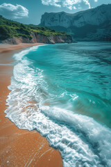 A vertical beach photo, capturing the stretch from sand to sea, ideal for mobile platforms. Concept of landscape photography in vertical format for social media. Generative Ai.