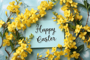 Colorful Happy Easter letters message with decorative yellow flowers on a pastel a light background. 