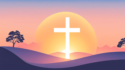 Easter Sunday with cross symbol sunrise background. Christian day illustration template for poster, presentation, banner, social media.