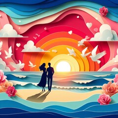 Valentine's day background with couple in love, Paper art