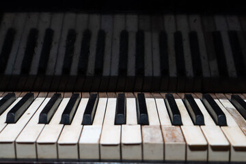 The keyboard of a classic old grand piano in close-up