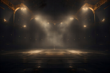 An empty stage with illuminated bright spotlights and a smoke effect , There is empty space in the...