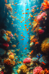 Fototapeta na wymiar A vertical underwater photo, showcasing marine life from top to bottom. Concept of underwater photography tailored for vertical composition. Generative Ai.
