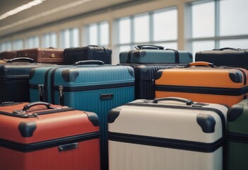 Fototapeta premium stack of traveling luggage in airport terminal and passenger plane flying over sky