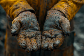 A close-up of weathered hands of a worker, telling a story of hard work and resilience. Concept of the beauty in real, lived experiences. Generative Ai.