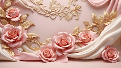Beautiful 3D background decorations in the form of roses and a luxurious silk background print