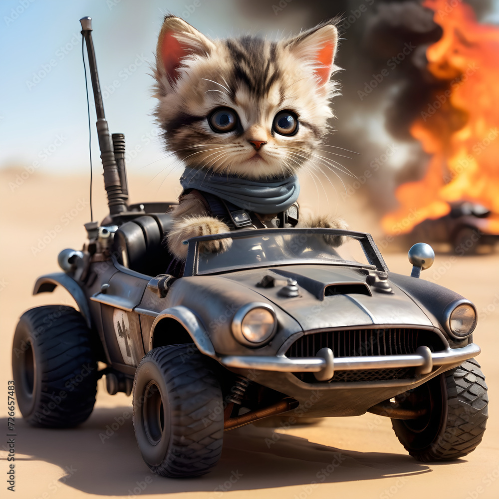 Wall mural Have you ever seen anything more adorable than a micro kitten driving a tiny car through the desert, flames flickering in the background? It's hard to believe that something so impossibly cute could e