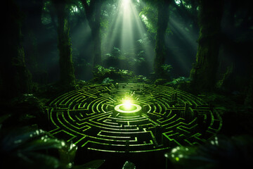 Round green labyrinth in nature with a light source in the center. Generative AI