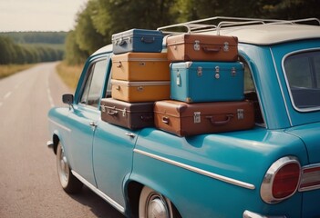 travelers' suitcases on the roof of an antique car driving along the road. The concept of memory - obrazy, fototapety, plakaty