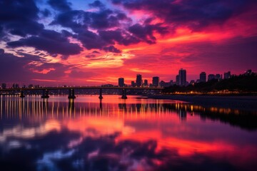 A breathtaking sunset scene unfolds as the vibrant sky casts its warm hues over a calm body of water, Twilight sunset at Han River, Seoul, Korea, AI Generated