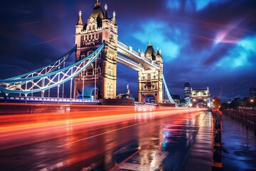 This mesmerizing long exposure image captures the beauty of Tower Bridge at night, UK, London, Tower Bridge at night, AI Generated - obrazy, fototapety, plakaty