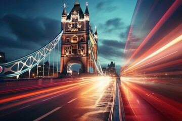 Fototapeta na wymiar A captivating long exposure photograph showcasing the iconic Tower Bridge illuminated against the nighttime sky, UK, London, Tower Bridge at night, AI Generated