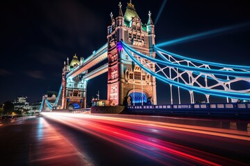 Fototapeta na wymiar A mesmerizing long exposure shot capturing the serenity of Londons iconic Tower Bridge illuminated at night, UK, London, Tower Bridge at night, AI Generated
