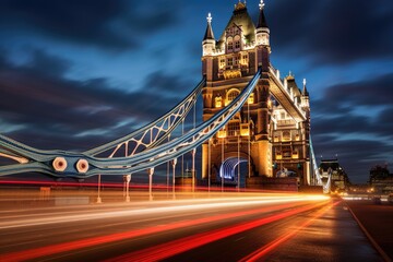 Fototapeta na wymiar A mesmerizing long exposure shot of the iconic Tower Bridge, illuminating the night sky, UK, London, Tower Bridge at night, AI Generated