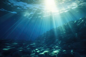 A stunning image capturing the brilliance of sunlight as it passes through the pristine water, illuminating the textured rocks below, Underwater sea, deep water abyss with blue sunlight, AI Generated